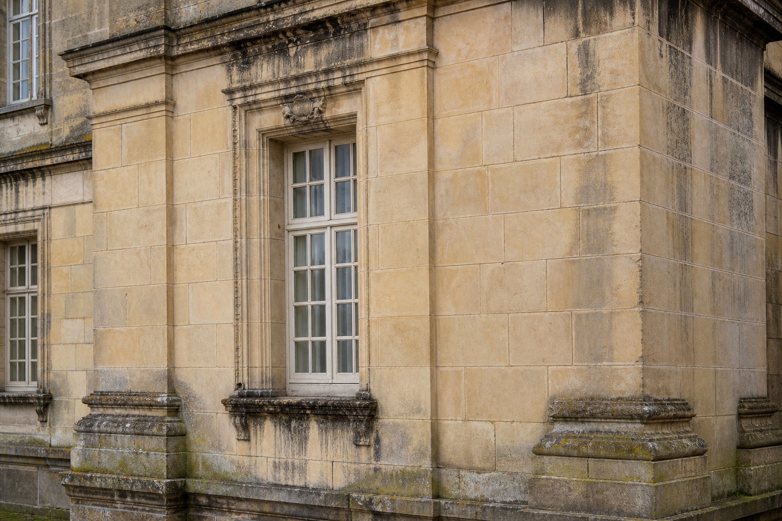 Grands blocs de pierre de taille noble d’un manoir avant nettoyage, avec traces noires et dépôts biologiques