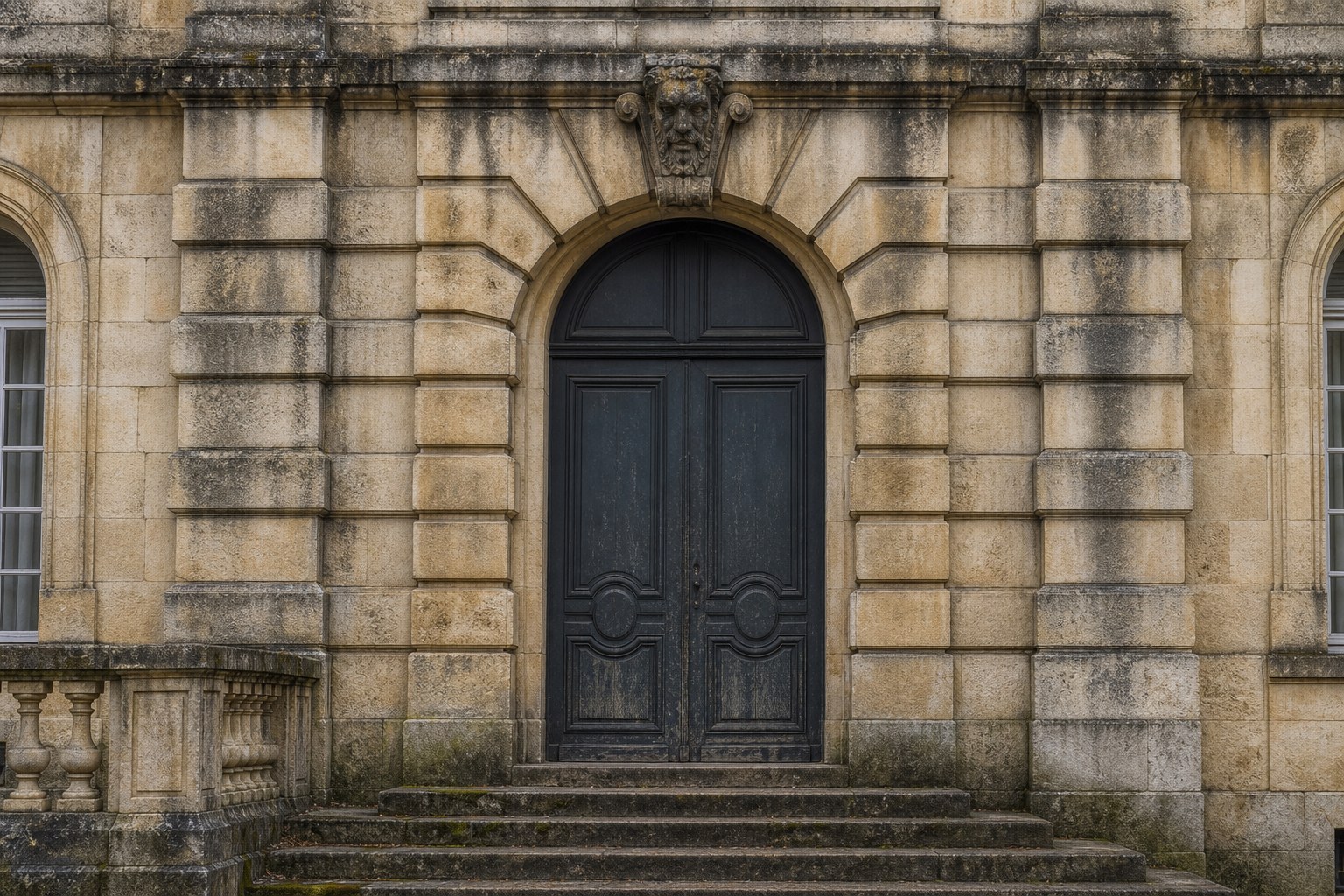 Entrée monumentale en pierre de taille massive avant nettoyage, marquée par les intempéries et les mousses